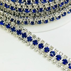 Pawkyjar 2 Yards 3 Rows Rhinestone Chain,Crystal Rhinestone Close Trim Chain for Crafts Wedding Clothes Decorations. (Sapphire+Crystal Clear)