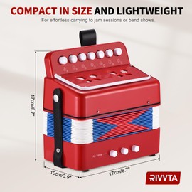 RIVVTA Accordion, 10 Keys Button Accordion 7 Key 3 Bass Mini Musical Instrument, Red