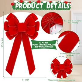 Lenwen 12 Pcs Large Christmas Bows 11 x 19.6 inch Velvet Christmas Wreath Bows Christmas Tree Topper Bow with Golden Edge Big Xmas Ornament for Wreath Gift Home Front Door Decor (Green,Red)