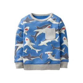 Azalquat Toddler Boys Crewneck Sweatshirt, Cotton Long-Sleeve Pullover Cartoon Print (Blue & Sharks, 4-5T)