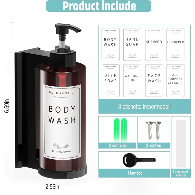 NICEME 1 x 300ml Plastic Soap Dispenser, Plastic Shampoo Dispenser