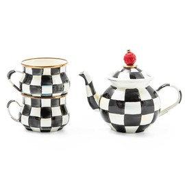 MacKenzie-Childs Courtly Check Enamel Tea Party Set, Unique Teapot and Teacups, Tea Accessories Set