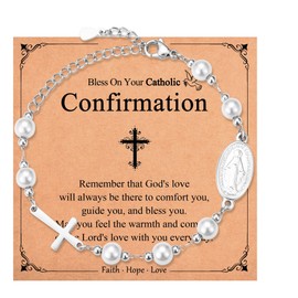 Shuxin Confirmation Gifts for Girls, Cross Bracelet for Teen Girls, Catholic Religious Gifts for Her, Virgin Mary Pearl Bracelet, Christian Birthday Inspirational Jewellery Present for Women