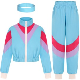 SIZGAROOT 80s 90s Retro Windbreaker Set Girls Workout Costume Outfit Track Suit for Girls (Blue, 5-6 Years)