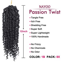 Passion Twist Hair - 8X 12 Inch Passion Twist Crochet Hair For Women, Crochet Pretwisted Curly Hair Passion Twists Synthetic Braiding Hair Extensions (12 Inch, 1B)