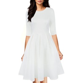 oxiuly Women's Elegant Vintage Dresses Party Graduation Casual Midi Dress with Pockets OX253 (White Solid, XL)