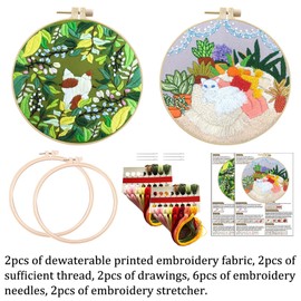 DKDDSSS 2 Pack Embroidery Kit, Embroidery Starter Kit, Cross Stitch Kit, with Pattern and Instructions, with cat Pattern, 2 Pcs Embroidery Hoops, for Beginners Adults Kids
