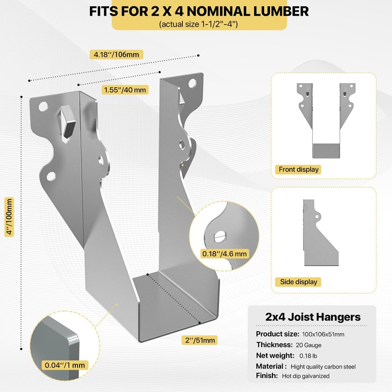 20 pcs 2x4 Joist Hanger,LU26 18 Gauge Double Shear Face