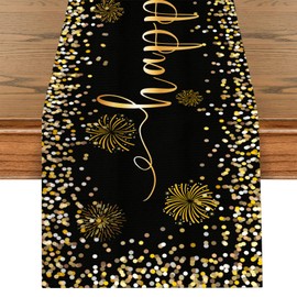 Birthday Table Runner, Black Gold Birthday Decoration, Happy Birthday Tablecloth, Washable Table Runner, Table Decoration, Birthday for Girls, Boys, Women, Men, Birthday Decoration, 180 x 35 cm