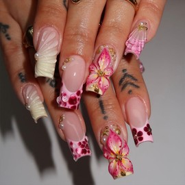 3D Flower Press on Nails Medium Fake Nails with Pink Flowers Design French Tips Acrylic Nail Pearl Starfish Shell Charms 3D Flower Glue on Nails for Women Handmade Nail Art Decoration, 24Pcs