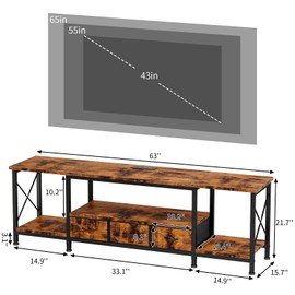 YGEOMER TV Stand for 75 Inch TV Entertainment Center with Power Outlets TV Console Table deepen with Fabric Drawers Metal Frame Storage Shelves and for Living Room, Bedroom 63" Rustic Brown