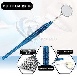 MuskalMed 5 Pcs Dental Mouth Mirror #5 Front Surface Rhodium Coated Mirror with Full Blue Titanium Mirror Handle Hollow Handle Cone Socket 9.5mm Stainless Dental Mouth Mirror for Dentist Tool DN-2417