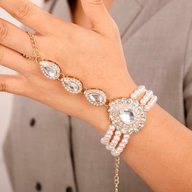 Xerling Pearl Finger Ring Bracelets Layered Hand Chain for Women Hand Harness Gold Boho Slave Bracelets Crystal Rhinestone Hand Jewelry Bracelets for Teen Girls