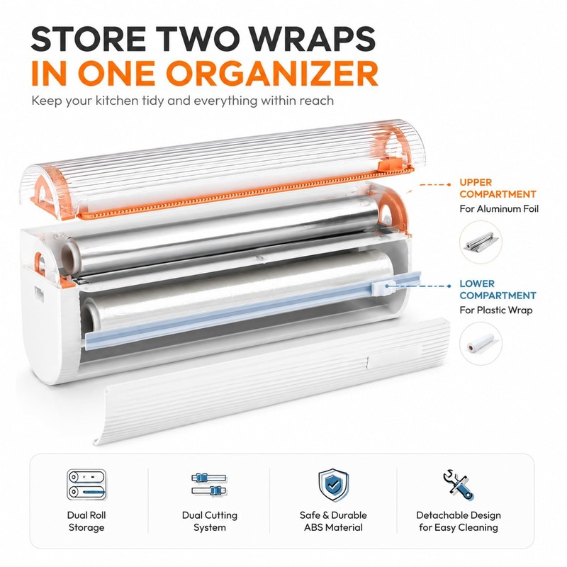 Refillable Magnetic Plastic Wrap Dispenser with Cutter, 2 in 1