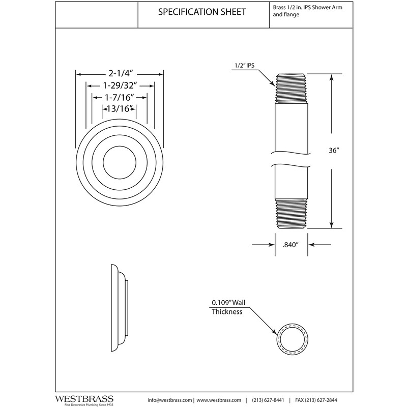 Westbrass A3636A-62 1/2" IPS x 36" Round Ceiling Mount Shower