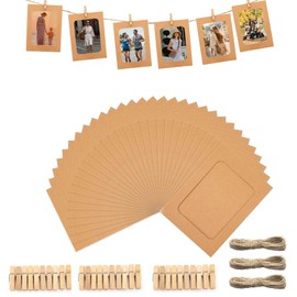 ROEOWENE 30pcs Photo Frames Paper Picture Frame Cardboard for Hanging DIY Creative Kraft Paper Picture Frame Hanging Wall Decoration Cardboard Picture Frame with 30 Clips 3 String for 15 x 10 cm Photo