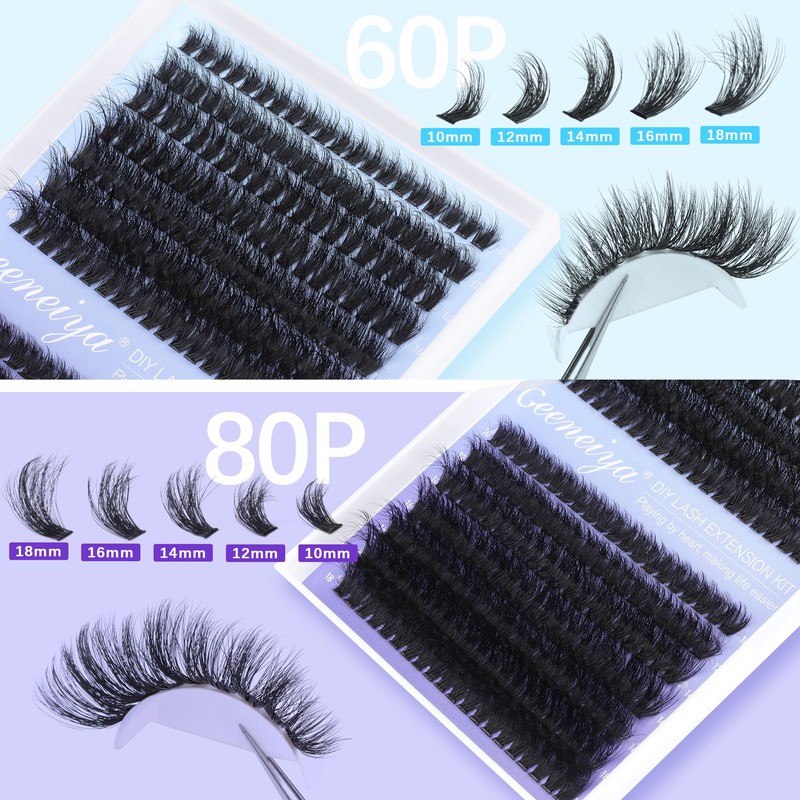 Geeneiya Lash Extension Kit Thick Cluster Lashes DIY Eyelash Extension