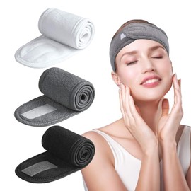 3PCS Spa Facial Headband Adjustable Skincare Hair Band Stretch Towel for Washing Face Bath Sport Yoga (Black+White+Grey)