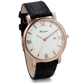 JewelryWe Charming Men's Dress Watch Rorse Gold-Tone Dial Black Leather Strap with Date Function