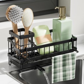 FOXWHALE Spülbecken Organizer Schmal, Schwarz Küchen Organizer Spüle mit Abflusspfanne & Lappenhalter, Küchenablage Wand Ohne Bohren für Bürsten/Handtücher