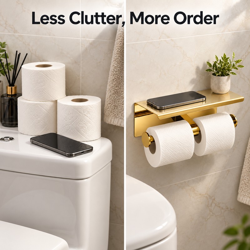 Wall Mounted Double Toilet Paper Holder with Shelf, 304 Stainless