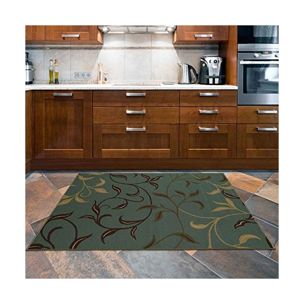 Ottomanson Ottohome Collection Non-Slip Rubberback Leaves Design 3x5 Indoor Area Rug, 3'3" x 5', Seafoam Green