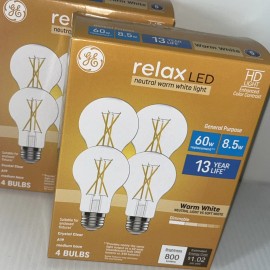 GE Lot Of 2 GE Relax LED Warm White 60w Decrorative 800 Lumens Dimmable Clear/205d