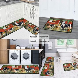Sunopas Farmhouse Rustic Cow Kitchen Rug 2 Pieces Set, Washable Non-Slip Kitchen Sink Rustic Decor Carpet, Home Water Absorb Microfiber Cushioned Kitchen Floor Standing Mats 17"x47"+17"x30"