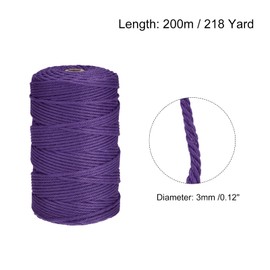 MECCANIXITY Macrame Cord Dark Purple 3mm Dia 200m/218 Yard Cotton Rope Twine String Twisted Braided Cord for Wall Hanging, Plant Hanger, Knitting, Macrame Knotting
