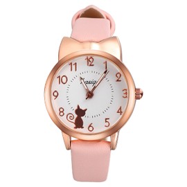 UKCOCO Children's Watches Cute Cat Design Quartz Wrist Watches Leather Strap Analogue Quartz Wrist Watch for Girls Students, pink, Strap.