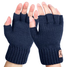 Fingerless Gloves for Men - Winter Fingerless Knitted Gloves Thermal Fingerless Gloves Half Finger Gloves for Outdoor Working Running Cycling Sking (Navy Blue)
