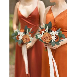 Rinlong 2Pcs Fall Bridesmaid Bouquet Burnt Orange Wedding Bouquets for Bridesmaids Artificial Flowers Boho Terracotta Wedding Bouquet