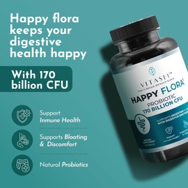 VITASEI Happy Flora, Probiotic Supplement 170 Billion CFU for a Healthy Gut Health with enzymes for Digestion, probiotics for Women and Men, 1 Bottle - 60 Capsules