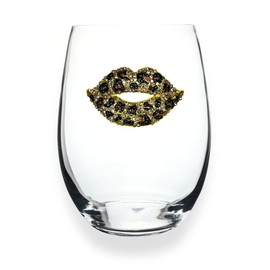 THE QUEENS' JEWELS - Copa de vino sin tallo con joyas de labios de leopardo, 21 onzas, regalo único para mujeres, cumpleaños, lindo, divertido, no pintado, decorado, brillante, deslumbrante, diamantes de imitación