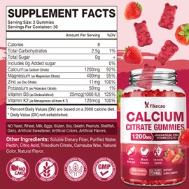 2 Pack Calcium Citrate Gummies 1200mg, Calcium Supplements for Women & Men, Calcium Gummies with Vitamin D3, K2, Magnesium, Zinc, Potassium, Muscle & Immune Support, Strawberry Flavor, 120 Count