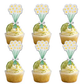 18pcs Glitter Yellow Flower Dessert Cupcake Topper Pick for Gardening Theme Decorations Women Girls Birthday Valentine's Day Wedding Anniversary Bridal Shower Party Decor Supplies