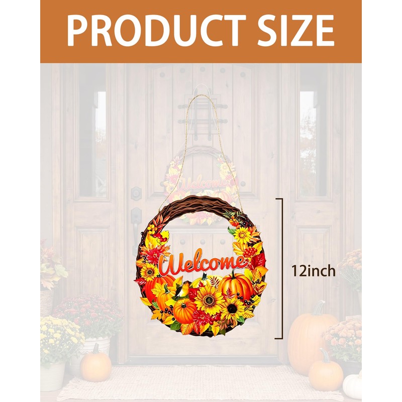 Fall Wreath for Front Door, Wooden Pumpkin Maple Leaf Door