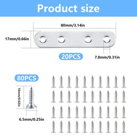 20 Pcs Metal Mending Plates for Wood, Small Flat Brackets for Wood, Stainless Steel Flat Straight Repair Joining Fixing Mending Brace Brackets for Furniture Support Bracket, with Screws(80x17 mm)