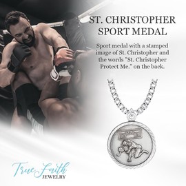 TrueFaithJewelry 15/16 Inch Round Nickel Silver Boy's Wrestling Medal St Christopher Protect Me Pendant Necklace, Sports Religious Jewelry Gift, Antique Finish, 20 Inch Chain