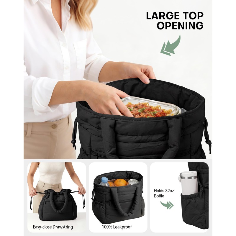 Drawstring Lunch Bag for Women, 13.5L Leakproof Puffy Insulated Lunch