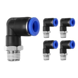 HARFINGTON 5pcs Push to Connect Fittings Male Elbow 3/8 Inch Tube OD x 1/4 Inch NPT Thread Plastic Quick Connect Air Hose Pneumatic Fitting Kit Push Lock Connector PL10-N02, Blue