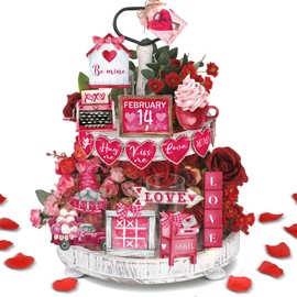 Nitial 17 Pcs Valentine's Day Tiered Tray Decor Farmhouse Gnome Heart Wooden Table Sign Pink Valentines Tiered Tray Decor Happy Valentine's Day Love Sign for Valentine Kitchen Home Decor