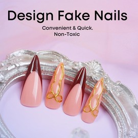 Press On Nails Almond French Tip Press On Nails Medium Long Nude Fake Nails with 3D Bow Designs False Nails Almond Full Cover Acrylic Nails Stick On Nails Glue On Nails for Women French Manicure 24PCS