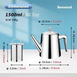 Bevansol 304 Stainless Steel Teapot Long Strain Large Capacity Teapot with Infuser and Removable Filter for Home Restaurant Office Dinnerware Accessories Drinkware Item (1500ml)