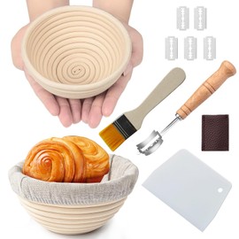 2 Pcs 5 Inch Round Banneton Proofing Basket, Sourdough Bread Bakery Basket with Linen Liner Cloth Bread Lame Dough Scraper, Dough Rising Rattan Handmade Rattan Bowl for Professional & Home Bakers