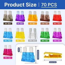 70 Piece Car Fuse Set, Blade Fuses Car Mini, Car Fuse Set Mixed with 2A 3A 5A 7.5A 10A 15A 20A 25A 30A 35A 40A and Fuse Puller for Car, Motorhome, Truck, Motorcycle