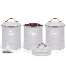 EHC Set of 3 Airtight Round Tea Sugar and Coffee Storage Canister Jars, Grey