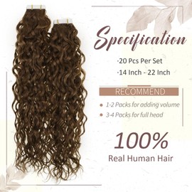 RUNATURE Tape Human Hair Extensions 22 Inch Curly Skin Weft Double Sided PU Glue in Extensions Invisible 50G 20Pcs