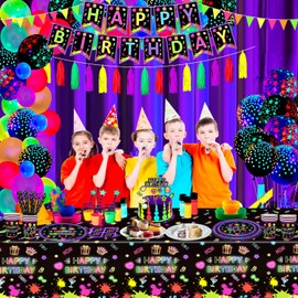 187 Pack Glow Neon Party Supplies Glow in The Dark Party Decorations BlackLight Party Tableware Set - Plates, Black Light Banners, Fluorescent Balloons, Graffiti Tablecloth, Tassels, Napkins Serves 20