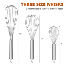 kisuwye Kisuwye Metal Whisks for Cooking Stainless Steel Whisk Set 3 Pack Wisking Tool Balloon Wisk 8" 10" 12" Wire Whisk for Baking, Whisking, Mixing, Blending